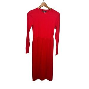 Chic Long Sleeve Red Dress Pleated Stretch M New